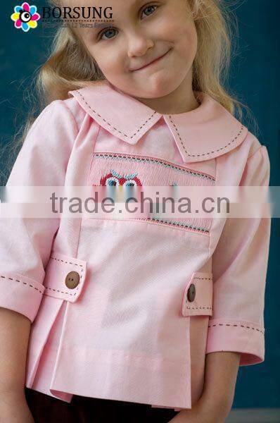 High Qulity Baby Clothes Girls Pink Long Sleeve Doll Neck Smocked Blouse