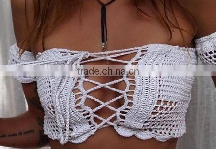 2017 fancy cotton crossed ladies hand knitted bikini