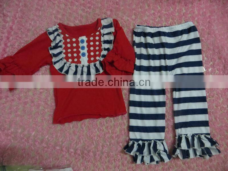 Hot Sale Children's Christmas Clothing Boutique Toddler Girls Red Long Sleeves Shirt with Stripe Ruffled Pant Outfit Sets