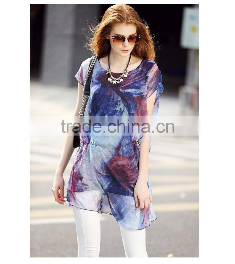 2016 Hotsale Ruffles women Short-sleeve Loose Slim Chiffon long blouse shirts tops with DIY Printing