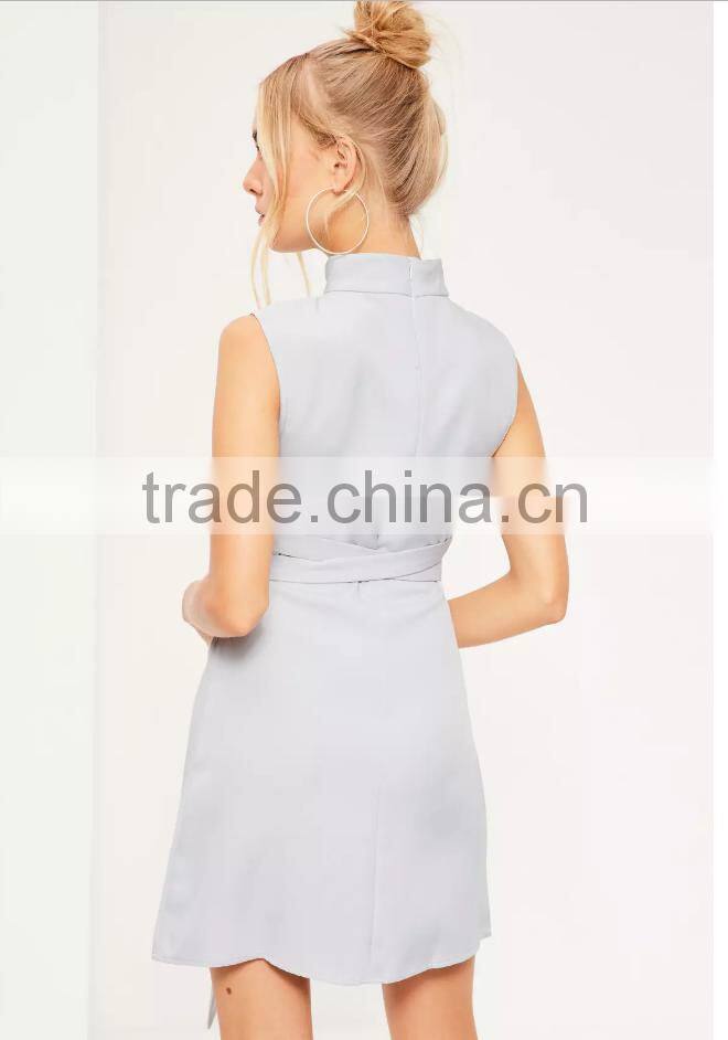 New Design Summer Ladies Lovely High Neck Tie Waist Mini Shift Casual Dress