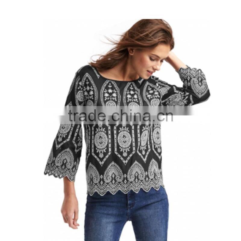 Latest style sexy hollow out lady chiffon blouse woman lace blouse wholesale tops