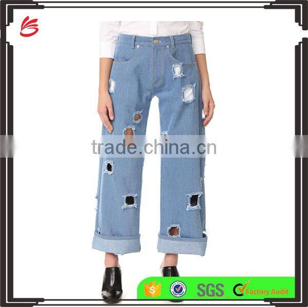 2017 Hot sale young girls jeans pants ruffle ninth denim jeans ladies jeans design
