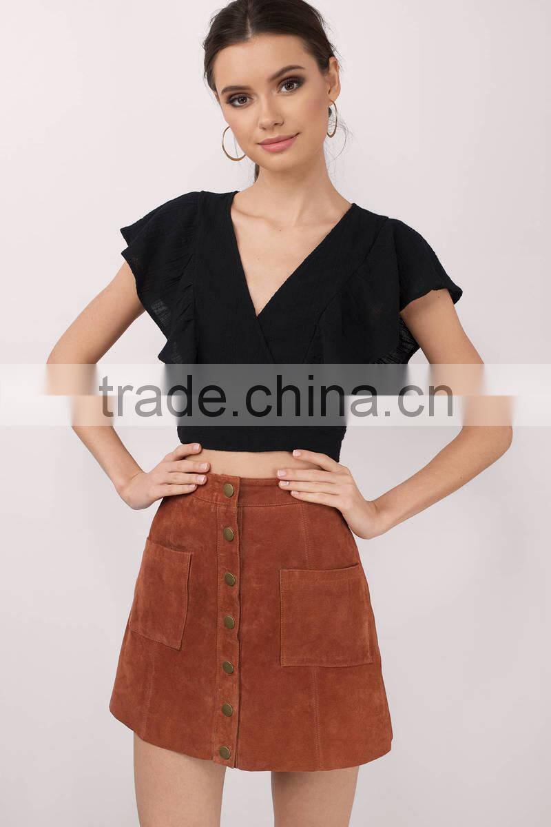 2017 latest fashion design lady clothing summer black Ruffle Sleeve Top