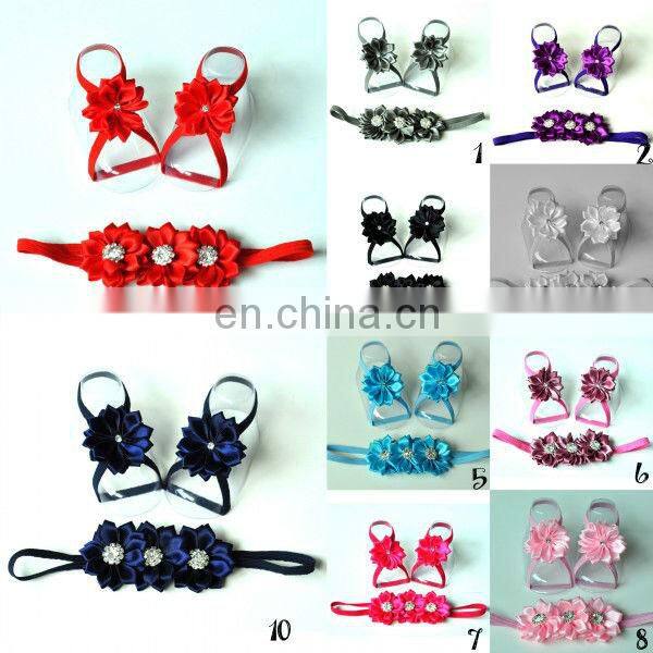 Baby Barefoot Sandals Satin Flower with thin Elastic Matching Headband