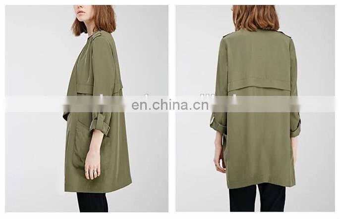Styleish and classic collarless draped open front trench jacket of women NT201