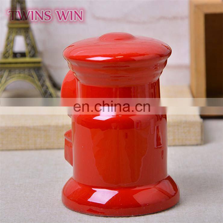China factory supply bulk promotional gift for kids Red fashion trumpet barrel ceramic piggy bank small size money saving box