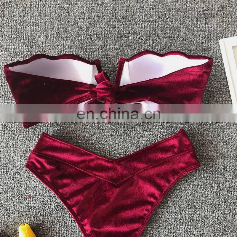 Velvet Solid Bikinis Women Two Pieces Swimwear 2019 Girl Beach Bathing Suit Bandeau Swimming Suit for Women High Waist Swimsuits