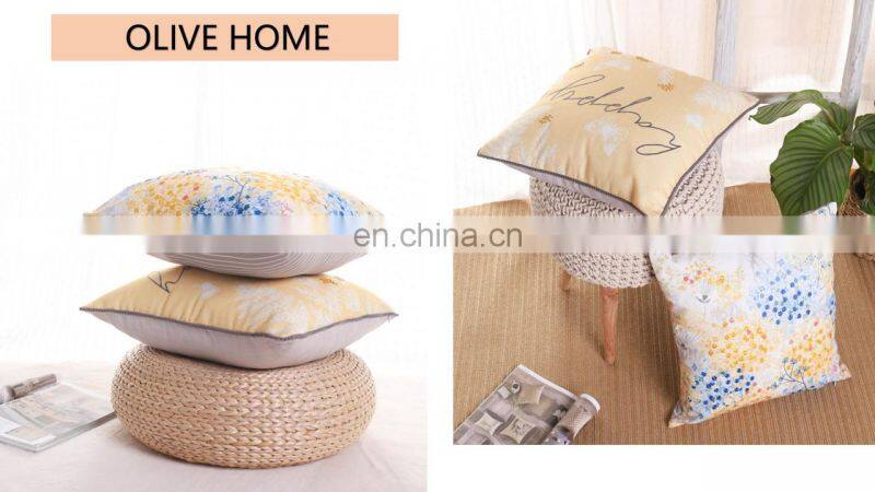 Home Decorative Digital print and Embroidery Warm Light Yellow Happy Slogan Cushions Covers Pillow Cases with Pom Pom