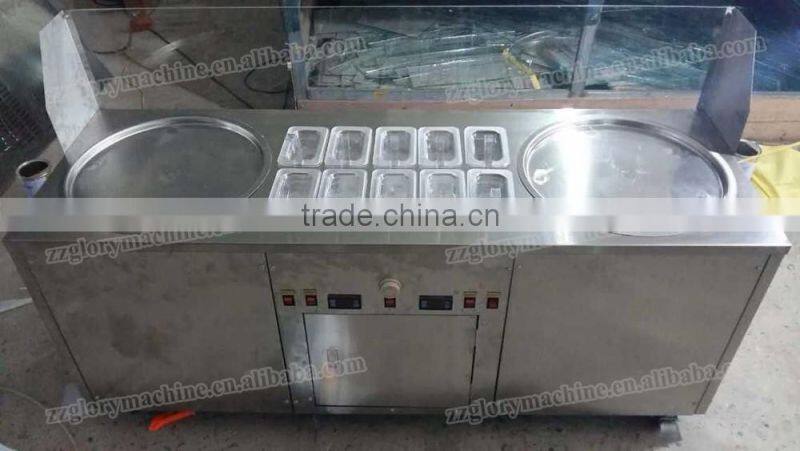 2016 hot sale thailand double flat round pan fried rolled ice cream machine for commercial
