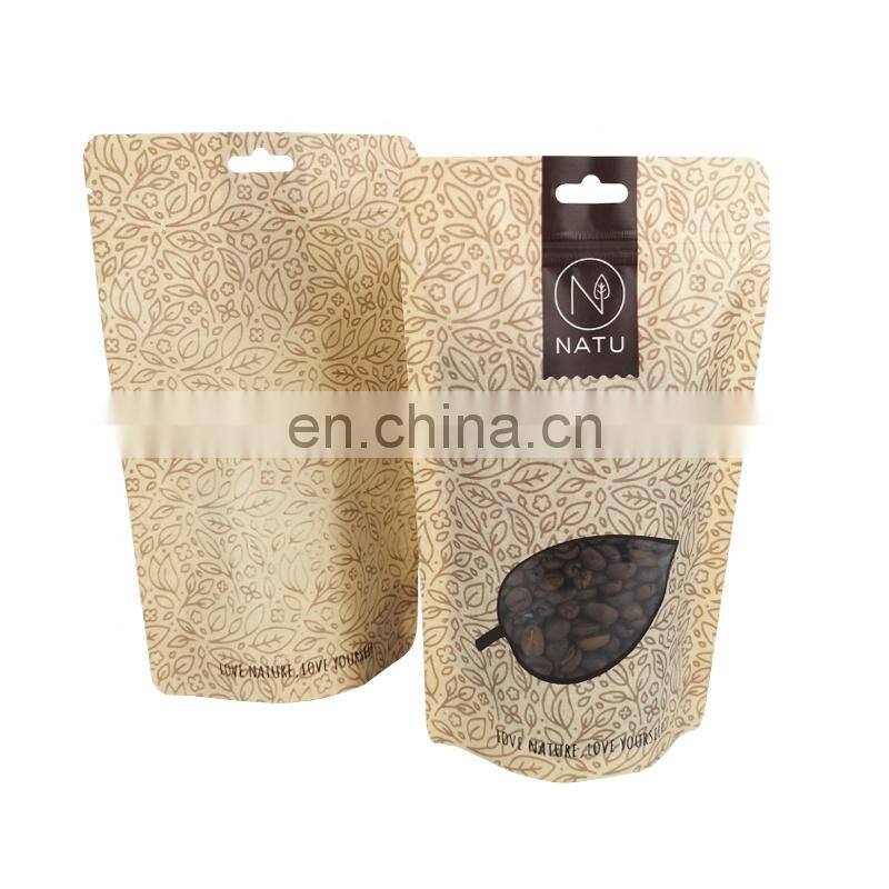 Recyclable food packaging stand up pouch laminated heat seal kraft paper bag smell proof zipper doypack with transparent window