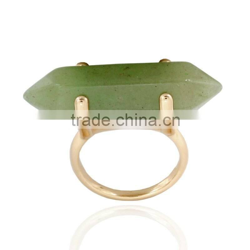 Fashion Gold Jewelry Single Green Natural Stone Hexagon Prism Ring