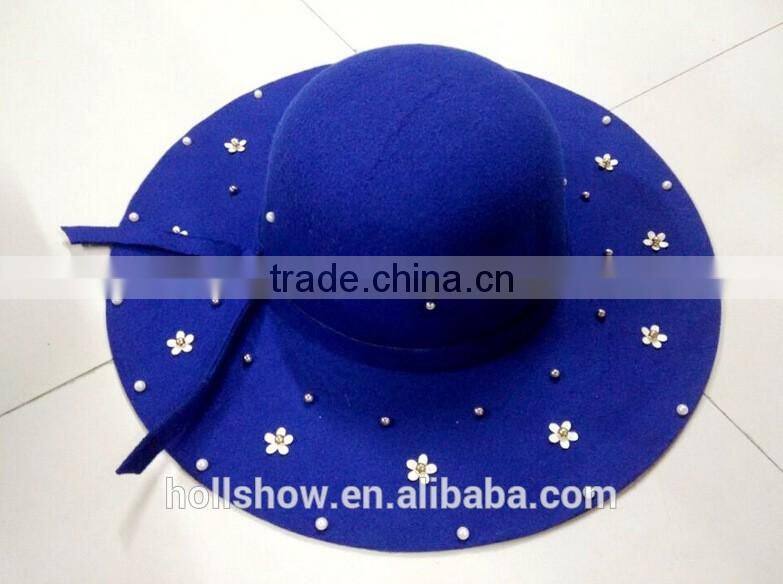 Fashion Women Flower Pearl Beaded Large Brim Trilby Fedora Hats with Ribbon