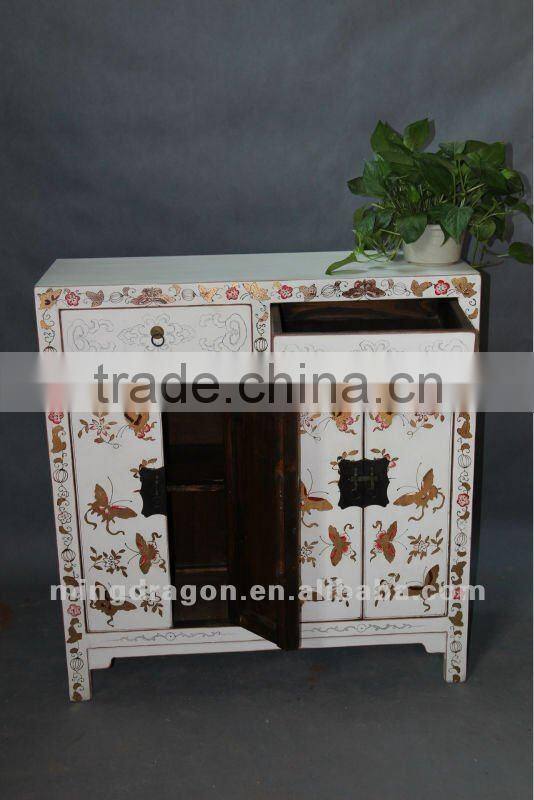 Chinese antique furniture pine wood White & golden four door two drawer painting butterfly cabinet