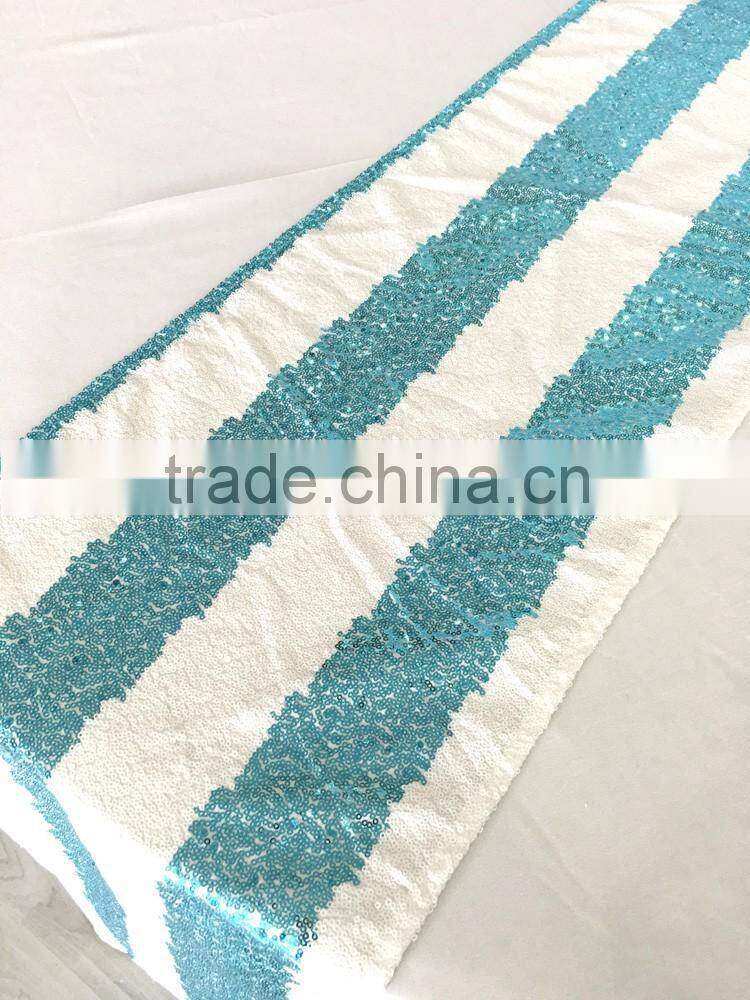 Fancy tiffany blue stripe sequin embroidery table runner for wedding