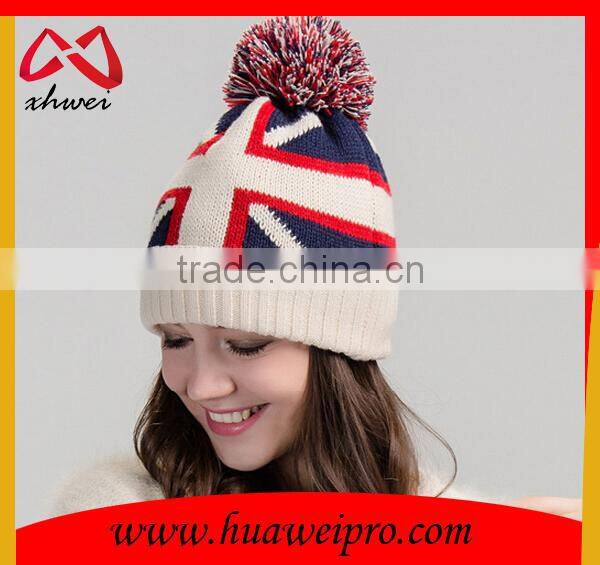 British national flag knitted beanie with pom poms and top ball