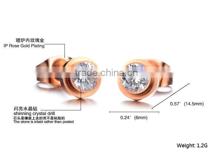 KSTONE Fashion Jewelry Rose Gold Round Shaped CZ Diamond Crystal Stud Earrings