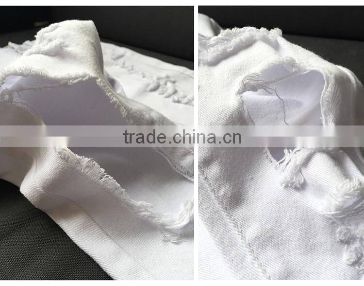 2016 Summer Pockets Zipper Closure Vogue High Waist Denim Pants Ladies White Full Length Destroyed Damaged Fashion Jeans Women