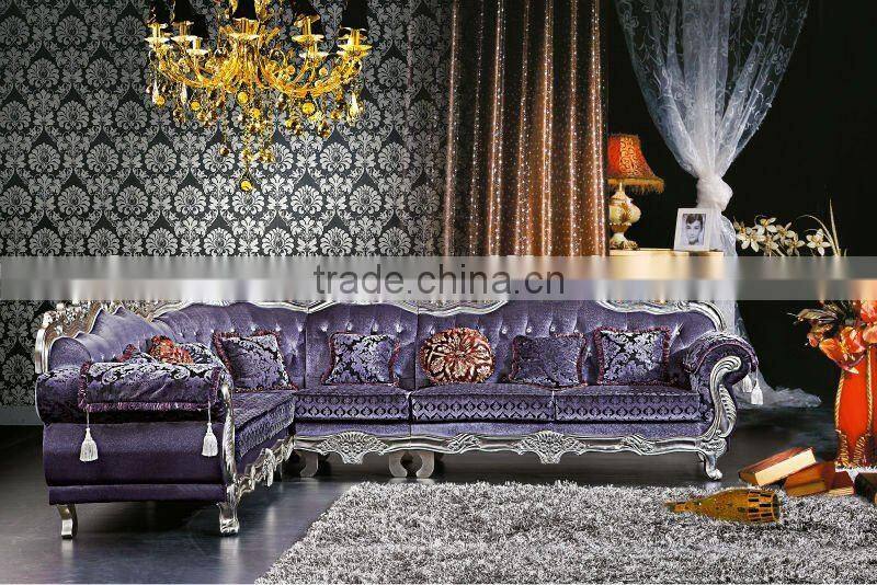 high end fabric crystal button wood carved customized corner sofa DXY-3048#