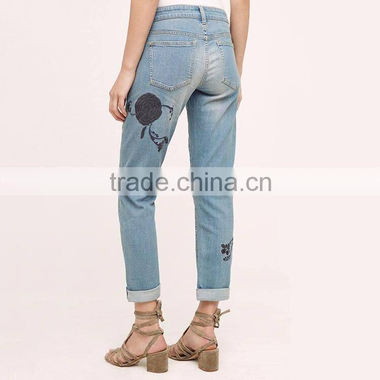 Apparel woman casual mid rise light blue washed embroidered girls jeans