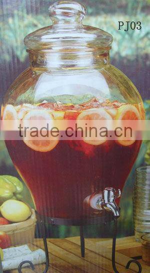 clear round glass drinking dispenser with tap /metal stand