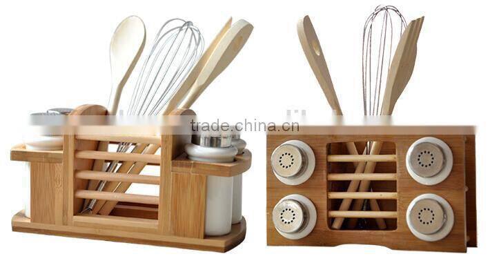 functional bamboo spice rack set with ceramic jar