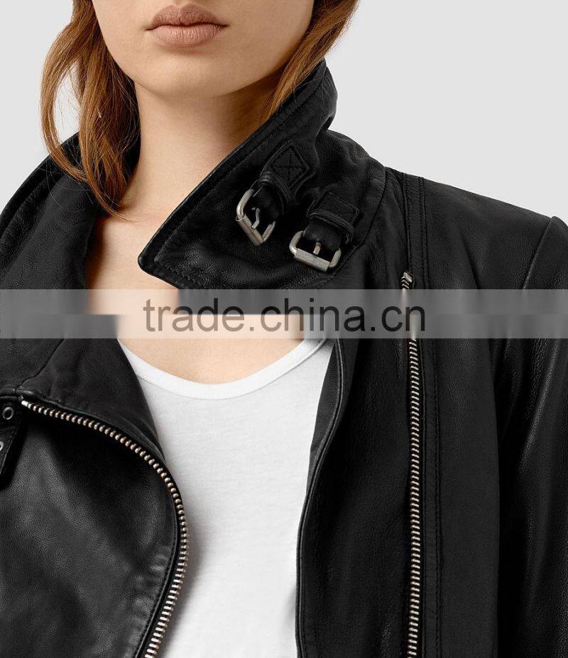 Fashion double buckle high collar asmmetric zip fastening faux PU leather winter biker jacket women