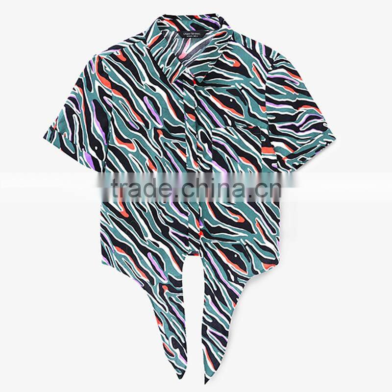 Custom OEM Service women all over printed swallow tail short sleeve lady blouse & top with stand collar