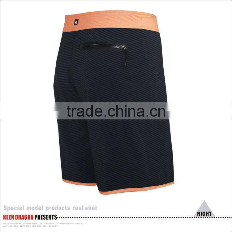 Stripes printing surf board shorts with orange waistband