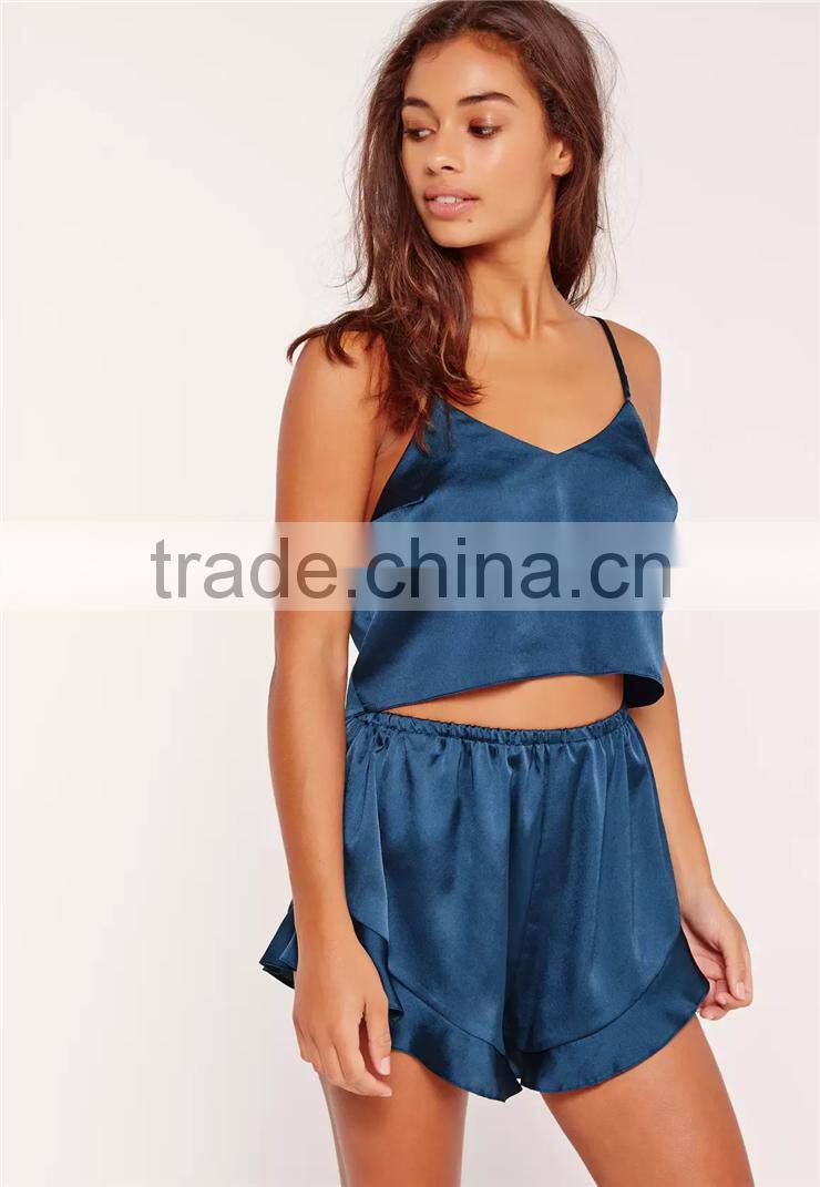 MGOO Women Cropped Cami Pyjama Set Blue Singlet Slip Top With Lace Trim Shorts Plain Pajama Set