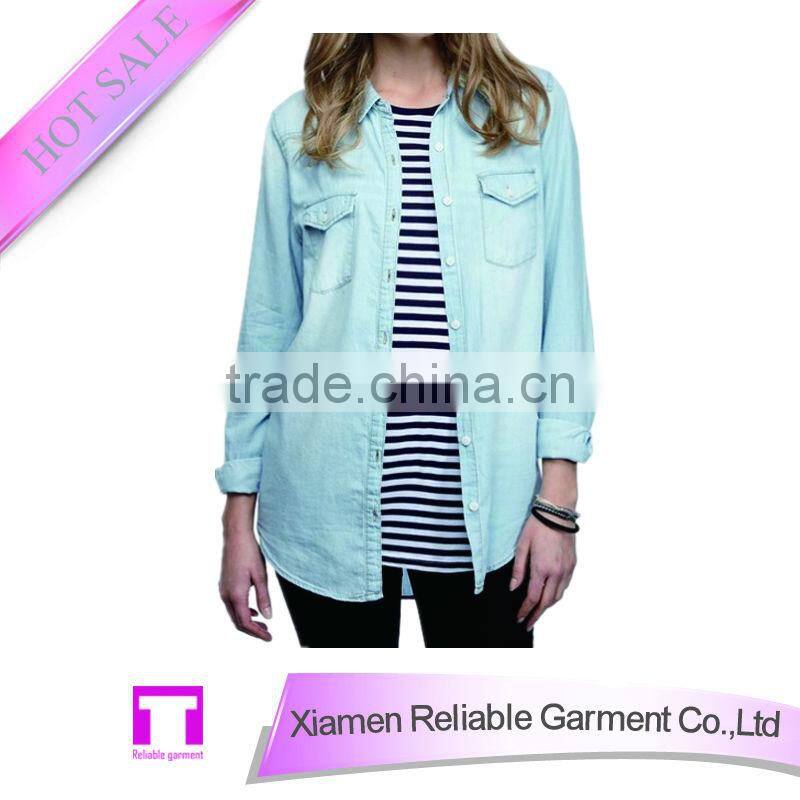 Cotton denim blouse with pocket for women