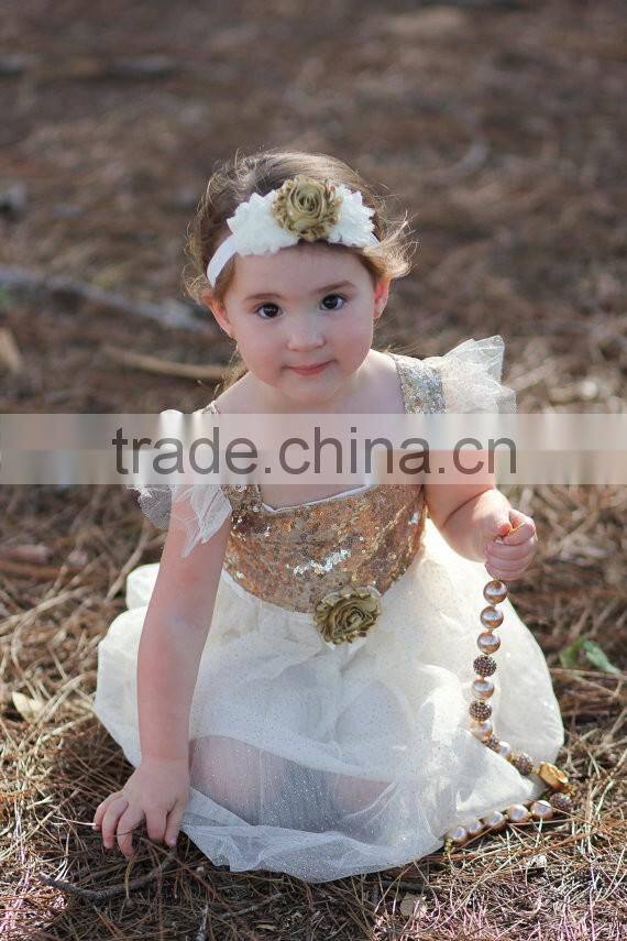 Ivory Gold Sequined Glitter Tulle Lace Fabric Baby Dress Pictures Girls Tutu Dress