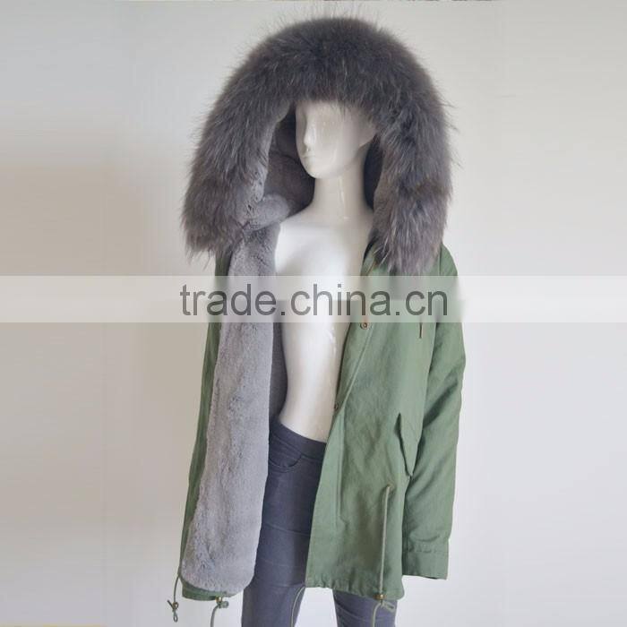 Myfur Customized Army Green Shell Parka Coat with Real Fur Hooded Faux Fur Lining