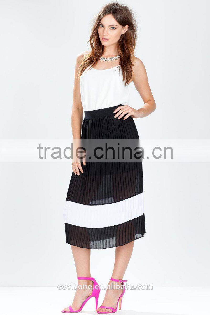 Fashion pleated colorblock midi skirt/wide simple design skirts 2015