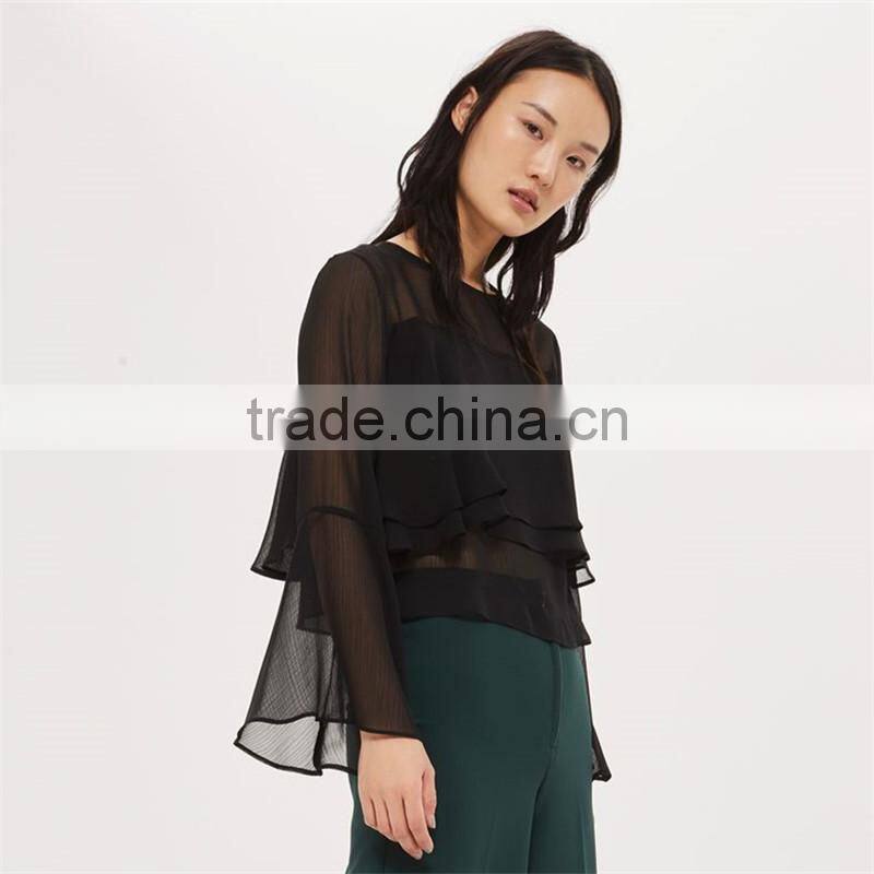 Gorgeous cropped flute crinkle sleeve black semi sheer blouse
