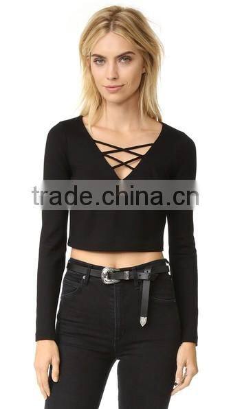 OEM seriver women T shirt black soild color cotton jesery V necklace T shirt