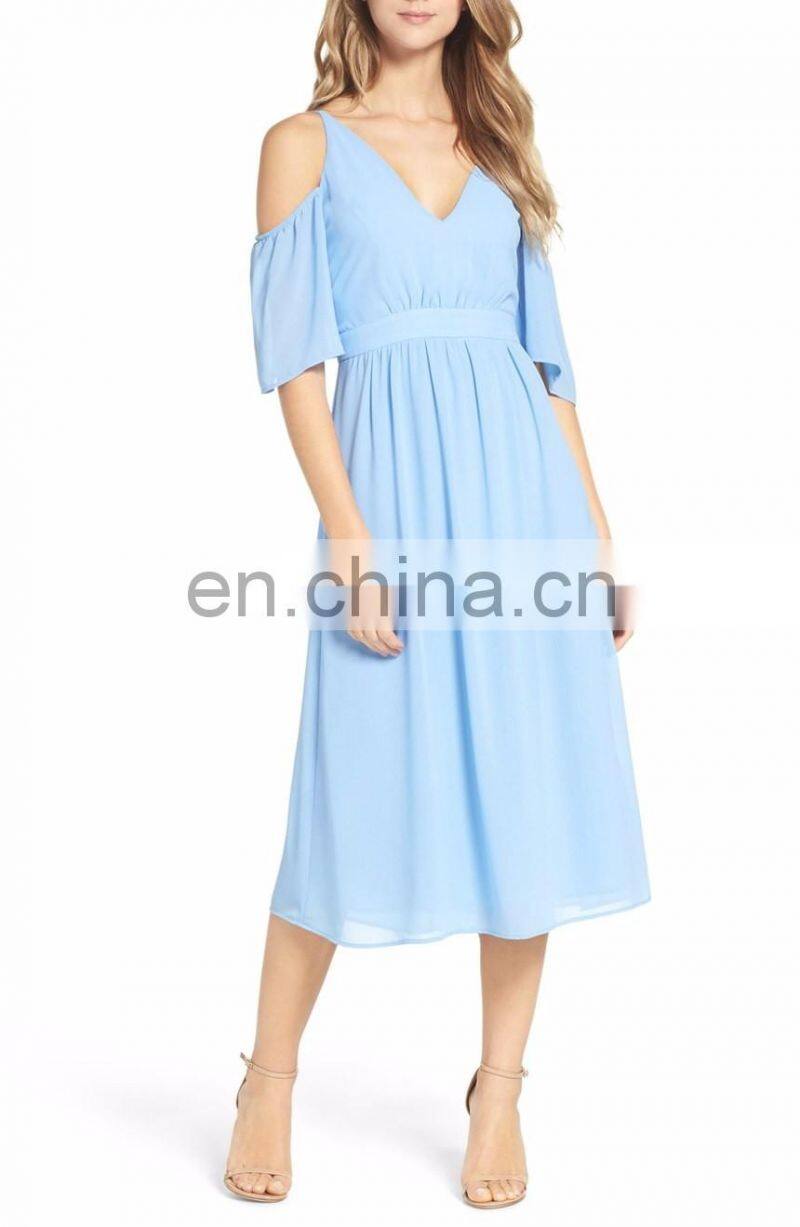 Cold Shoulder Fashion Midi Dress with Adjustable Straps