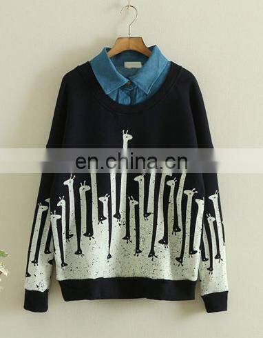 2017 Autumn Wholesale Long Sleeve Cotton Woven Jean Collar Women Sweatshirt