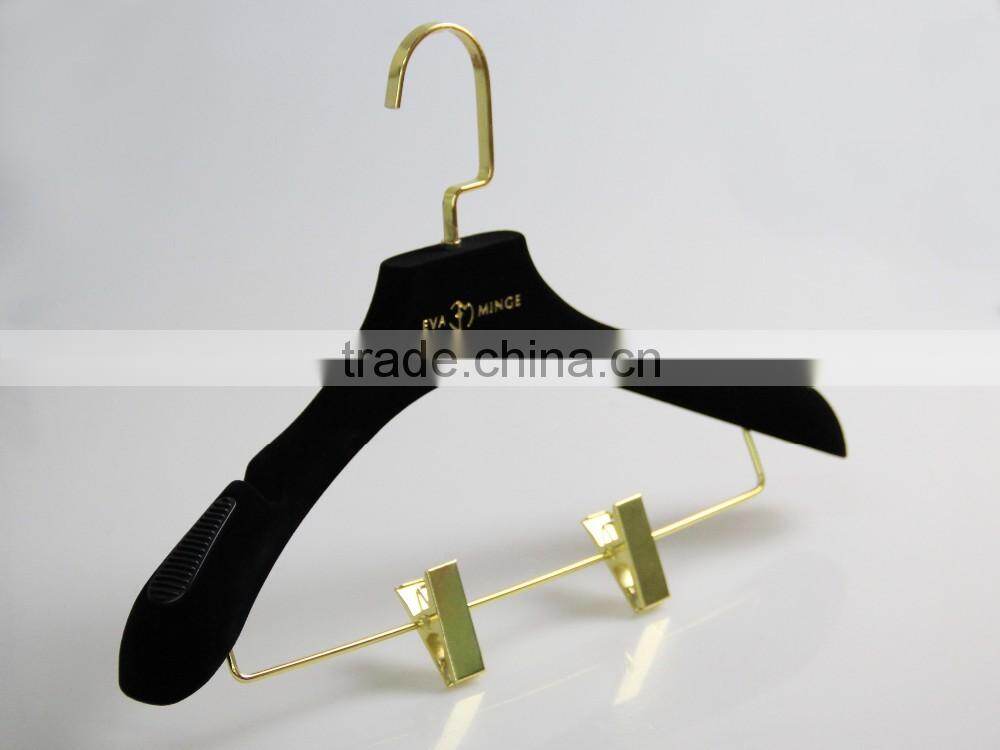 Black nonslip velvet flocked hanger with logo and gold hook for coat