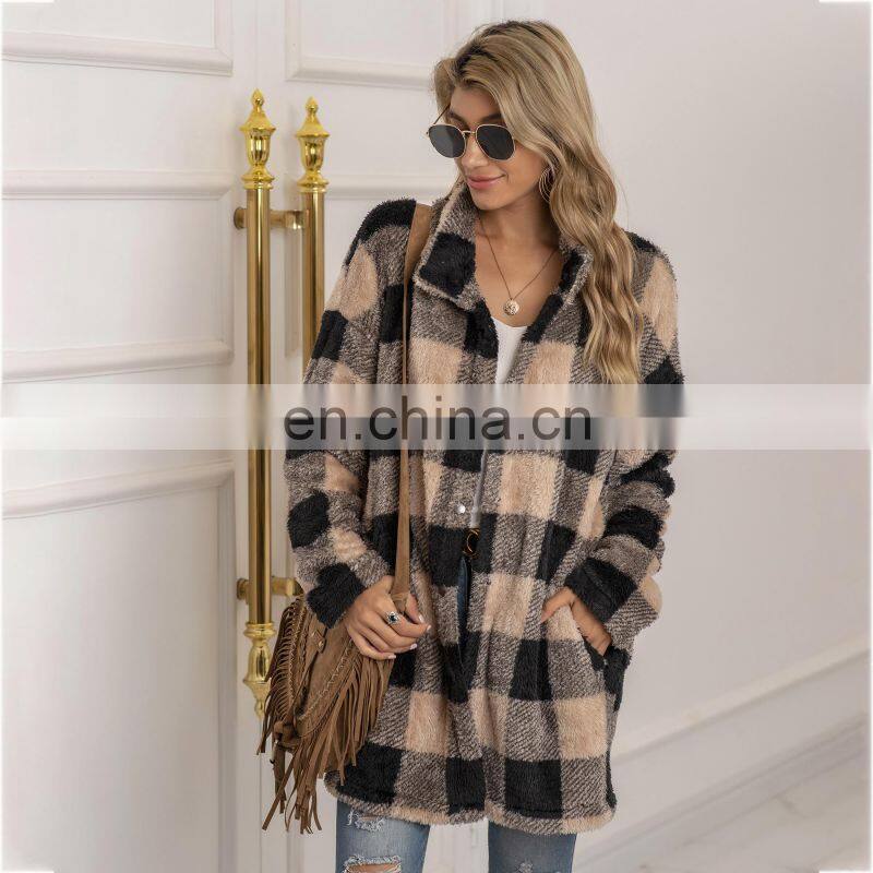 2021 autumn and winter new European and American women's Amazon plush plaid long coat plush coat