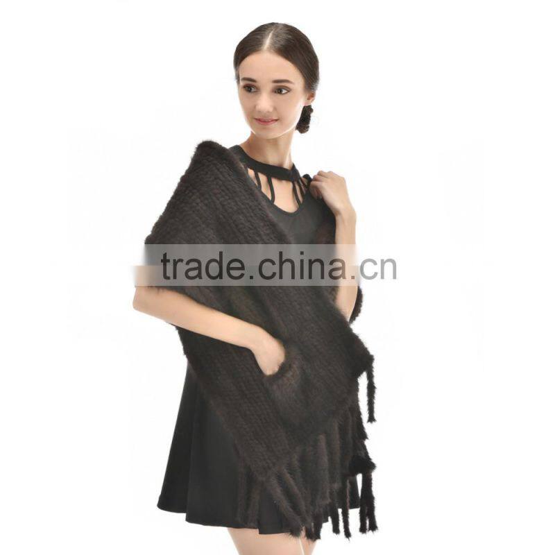 Hot Selling Style 2015 Fashionable Knitted Real Mink Fur Shawl with pockets