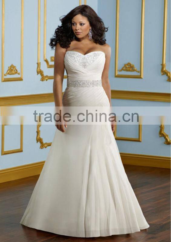 Custom Made Ivory Satin Chiffon Beading Crystal Strapless Mermaid Plus Size Wedding Dress
