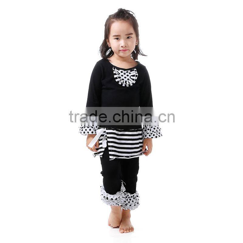 Cheap Baby Clothes Grey & White Striped Top and Ruffle Pants Outfit for Girls