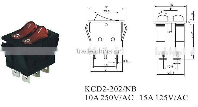 CNGAD 10A Double on-off button illuminated boat switch(250V miniature boat switch,electrical rocker switch) (KCD2-202/NB)
