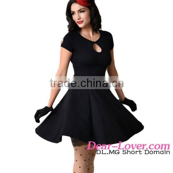 Retro Black Short Sleeve Keyhole Flare casual vintage clothing dress