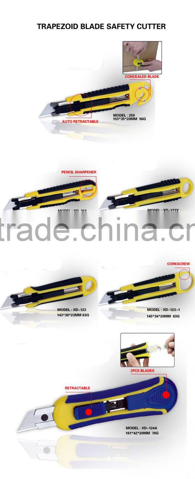 Auto Retractable Safety Trapezoid blade Plastic with rubber grip handle Cutter