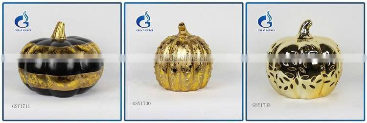 blue color ceramic halloween pumpkin with metal leaves for sale