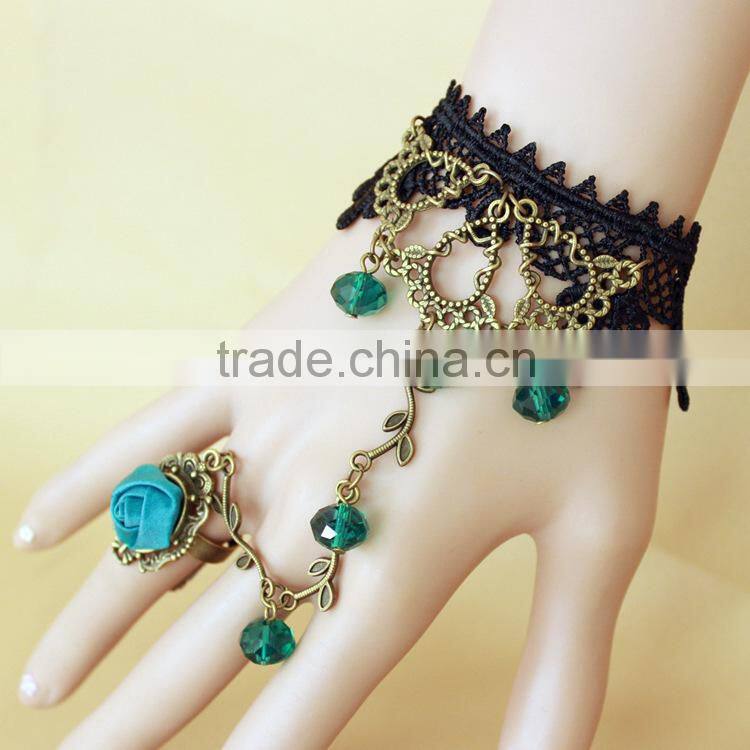 crystal lace bracelet ring, gold bracelet connected ring