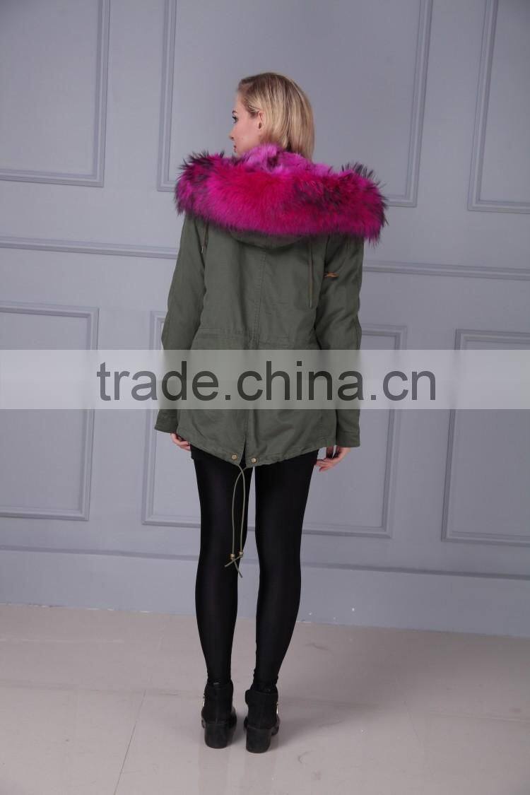 Women Detachable Raccoon Fur Collar Lined Fox Fur Hooded Parka