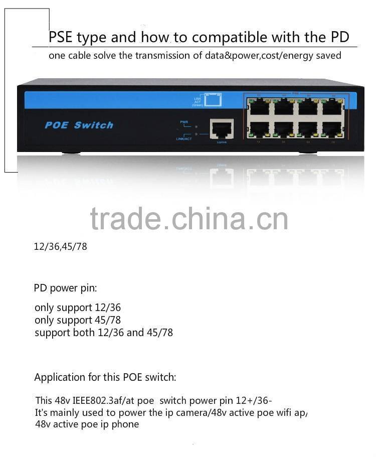 130w built-in high quality stable IEEE802.3af/at 48V 8 port POE Switch with 1 uplink